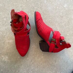 Jeffrey Campbell Red Leather Strappy Ankle Boots 8.5 Ibiza Last Block Heel